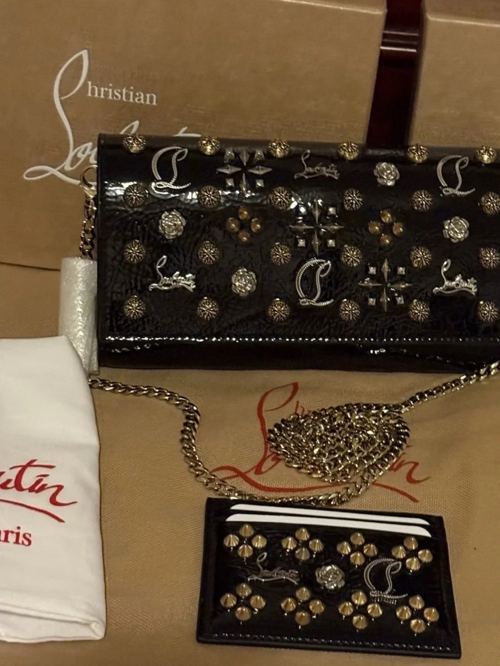 Christian Louboutin Black Studded Patent Leather Clutch & card holder